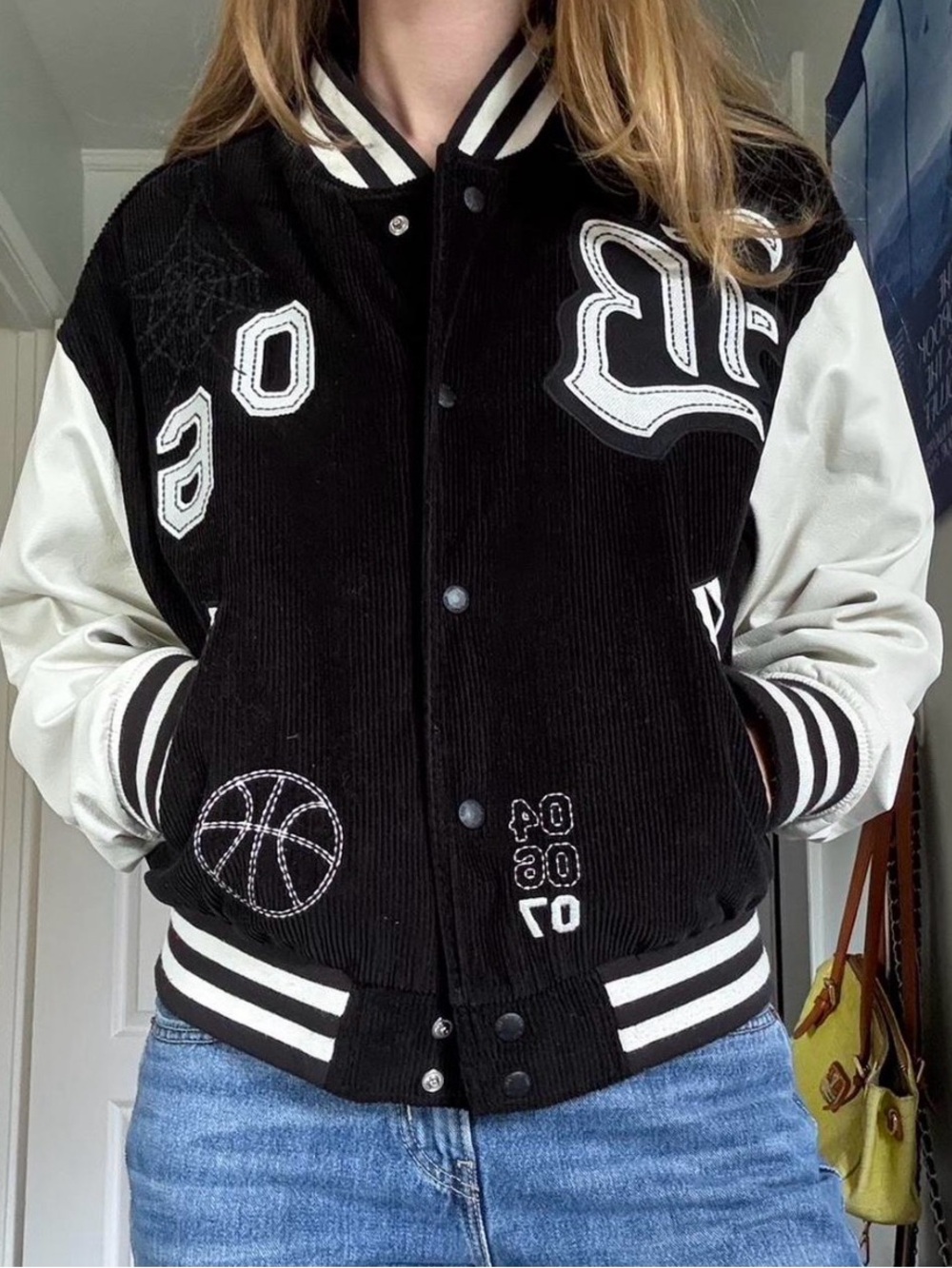 BDG Black and White Varsity Bomber Jacket